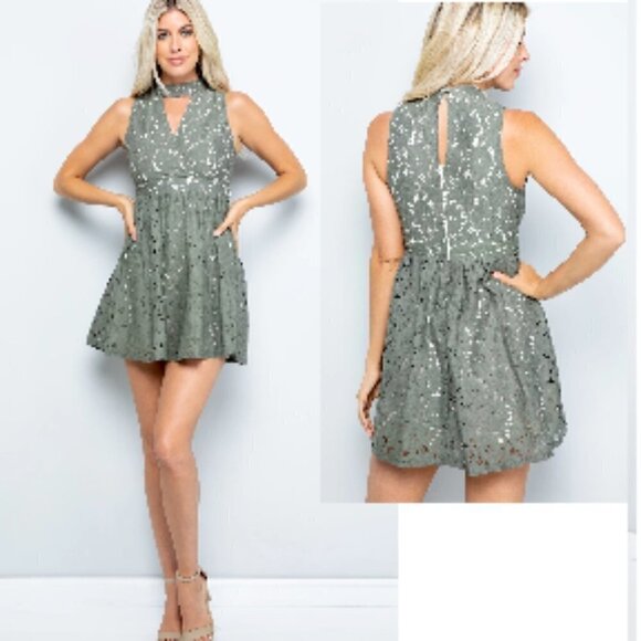 Dresses & Skirts - Sexy Olive Green Lace Mini Dress - L